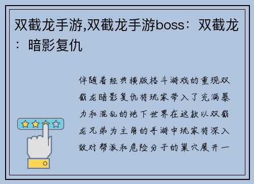 双截龙手游,双截龙手游boss：双截龙：暗影复仇